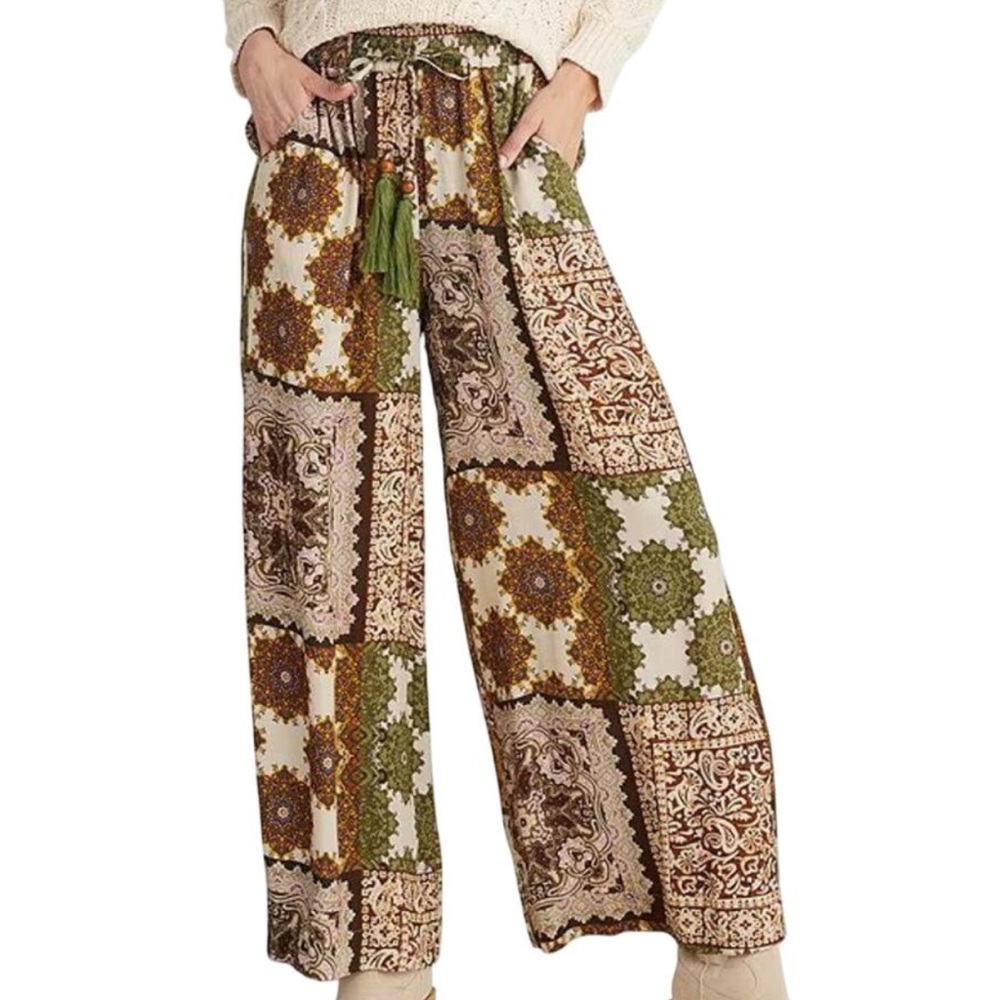 Talisman Freedom Paisley Gardens Crepe Elastic Tie Waist Wide Leg Pants M